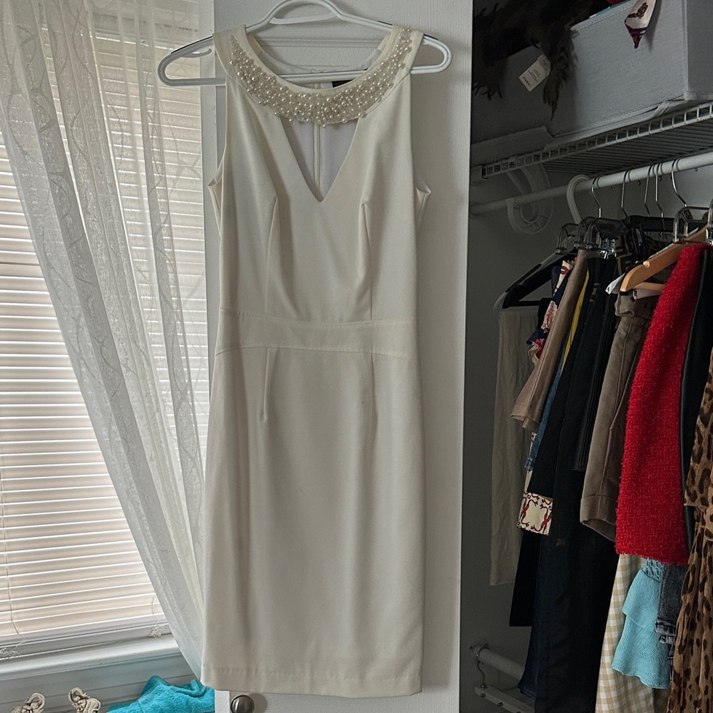 Chic White Midi Dress with Pearl Accents